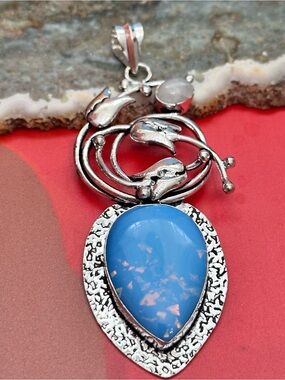 RUBYRUDI Blue Opal Teardrop Pendant Necklace with Moonstone and Swirl Accents